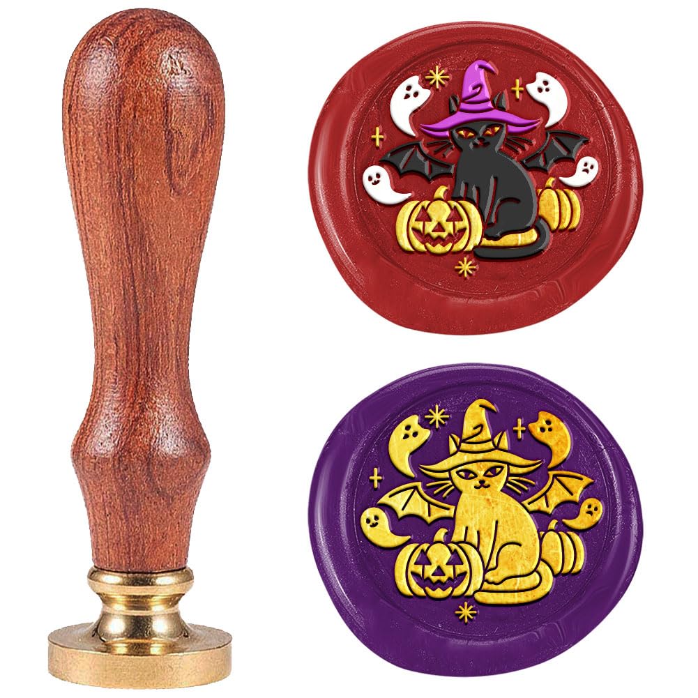 DELORIGIN Halloween Cat Wax Seal Stamp Vintage Sealing Stamps 1" Removable Brass Head Seal Stamp with Wooden Handle for Envelope Greeting Card Letters Halloween Invitations Bottle Gift Wrapping