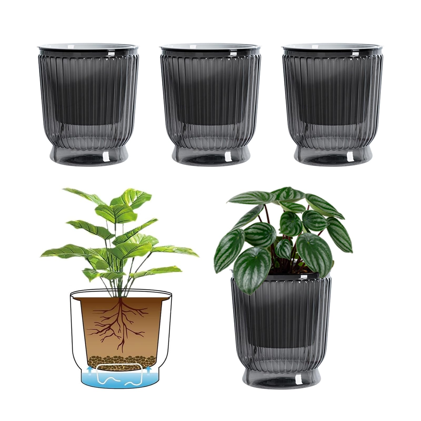 ACESOME 4Pcs Self Watering Plant Pot, Transparent Plastic Plant Pots Indoor with Cotton Rope and Reservoir, Flower Pots Outdoor Self Watering Plant Pot, Fashion Plant Pots (Gray, 10.8 x 12 cm)