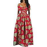 Vimoisa Women Sexy Boho African Long Maxi Dress V-Neck Multi-Way Pleated Floral Print Dresses