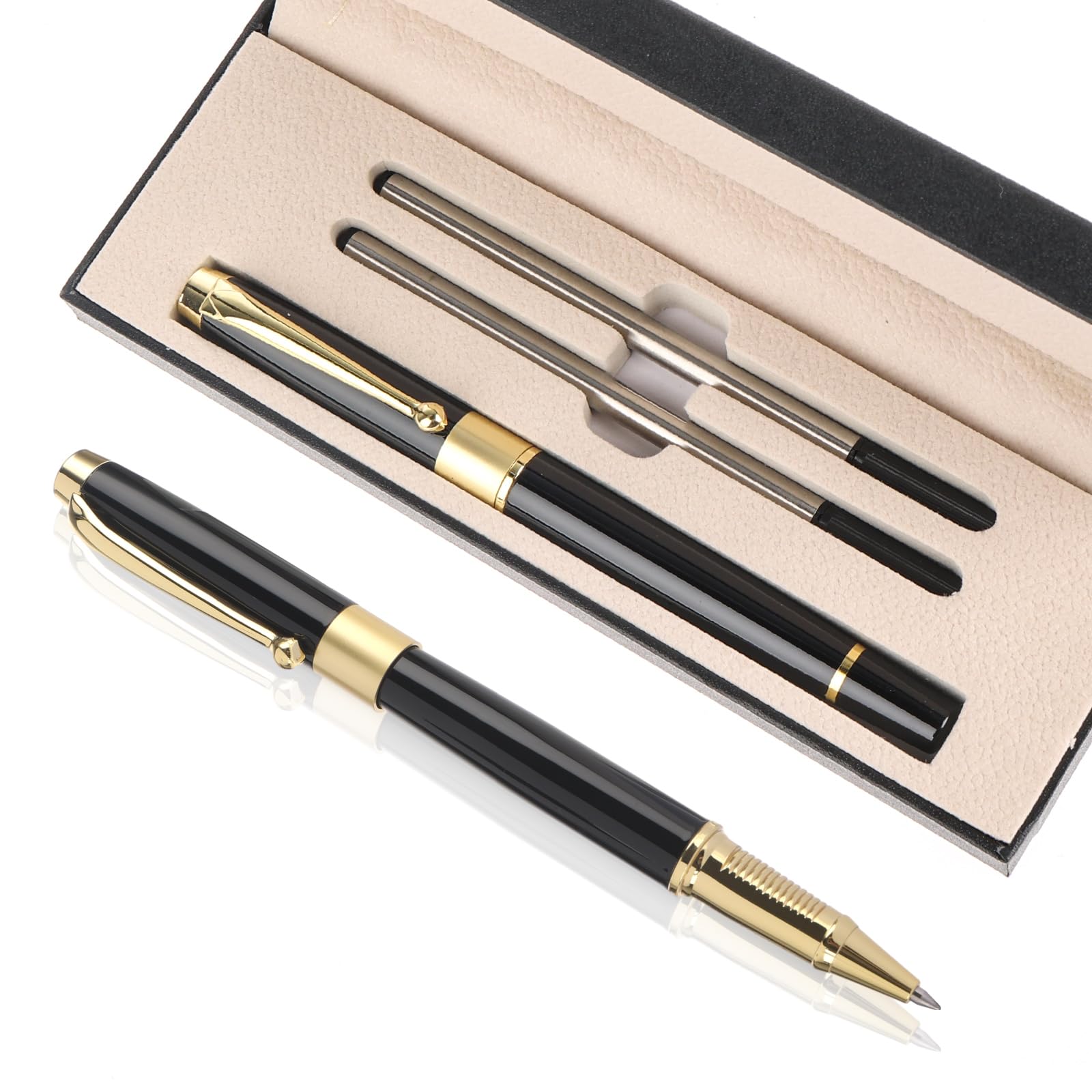 TIESOME Luxury Metal Ballpoint Pen With 0.5mm Fine Point, Black Ink, Golden Trim - Business Rollerball With 2 Refills in Gift Box for Colleagues Family (Black)
