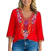 Higustar Women's Mexican Embroidered Tops Bohemian Style Peasant 3/4 Sleeve Fiesta Shirts Boho Tunic Blouses Hippie Clothes