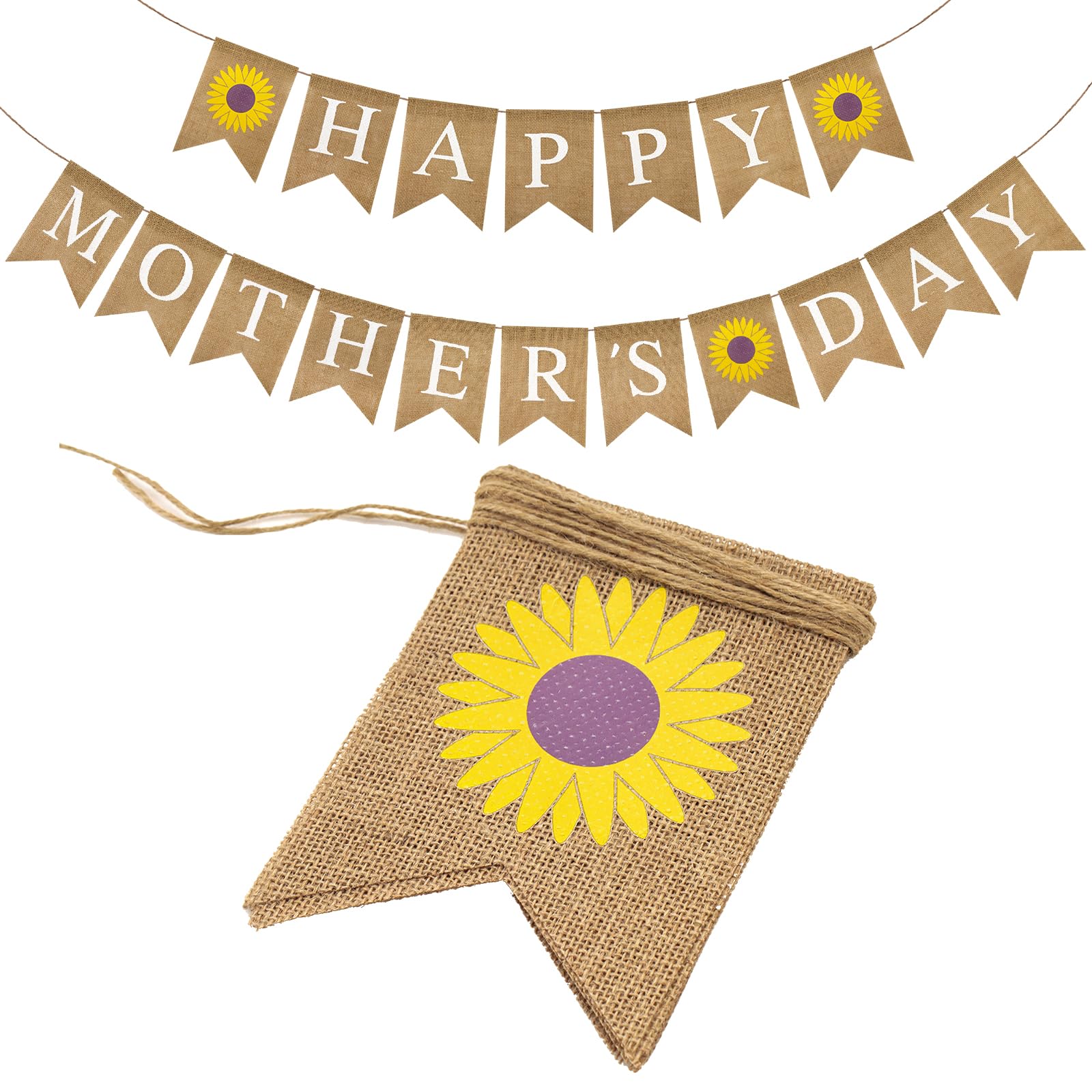 G2PLUS Pre-Strung Happy Mother's Day Banner, Burlap Happy Mothers Day Bunting, Rustic Mother's Day Banner with Sunflower, Reusable Happy Mothers Day Hessian Graland for Mothering Sunday Decoration
