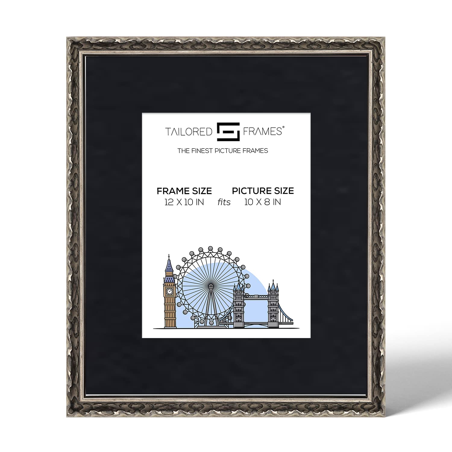 Tailored Frames Vienna Silver 12" X 10" Frame for 10" X 8" Picture | Rustic Style Vintage Single Picture Frame | Table Top & Wall Hanging Type | Photo Frame with Black Mount