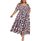 RITERA Plus Size Dresses for Curvy Women Square Neck Short Sleeve Summer Floral Smocked Maxi Dress with Pocket XL-5XL