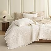 QSH Milk White Stonewashed Cotton Oversized King Quilt Bedspread Set(128"x120"),3PCs Farmhouse Ruffled Bedspread California King, Soft Lightweight Shabby Crinkled Quilt Coverlet Bed with Pillow Shams