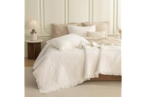 QSH 3PCs Milk White Oversized King Quilt Bedspread Set(120"x120"),Stonewashed Cotton Ruffled Quilt California King,Ultra Soft Lightweight Crinkled Shabby Bedspread Coverlet Bedding Set for All Seasons