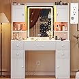 Tiptiper Vanity Desk with Mirror and Lights, LED Mirror with Digital Clock, Power Outlet, Large Makeup Vanity Dressing Table with 5 Drawers, 4 Cabinets & Ambient Light Bars, White