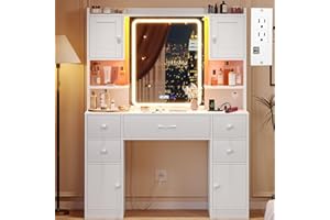 Tiptiper Vanity Desk with Mirror and Lights, Large Makeup Vanity with Lights & Charging Station, Dressing Table with 5 Drawers, 4 Cabinets & Time Display, White