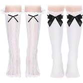 Suhine 2 Pair Oktoberfest Socks Dirndl Knee High Socks | German Bavarian Knee High Socks with Bows Lace Trim Ruffle Satin White Stockings for Women Girls Halloween Cosplay