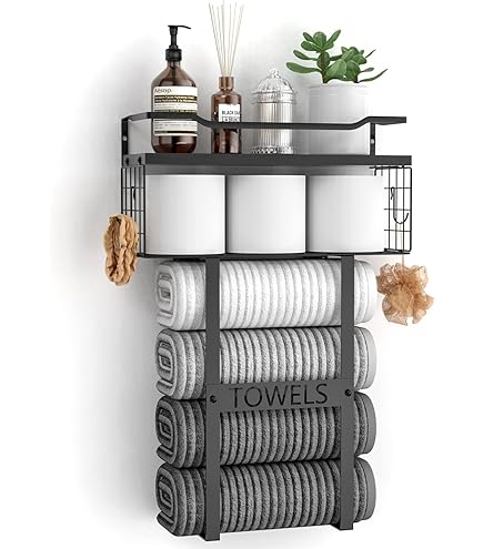 CENLEN Bathroom Towel Rack Wall Mounted With 4 Hooks & Floating Shelf - Metal & Wood Organizer, Black