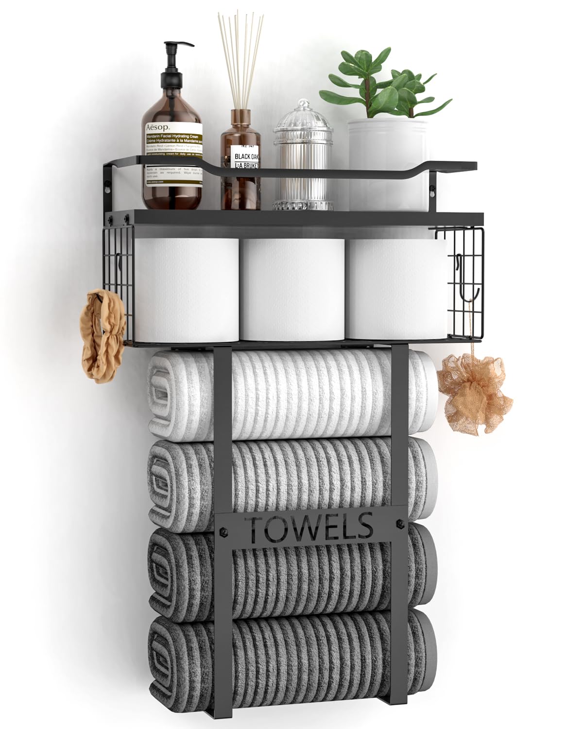 Photo 1 of Wall Mounted Towel Rack for Bathroom - Bath Storage Holder Set Above Toilet, Rolled Towel Shelf Organizer, Wood Vertical Rack for Small Bathroom Decor, Black
