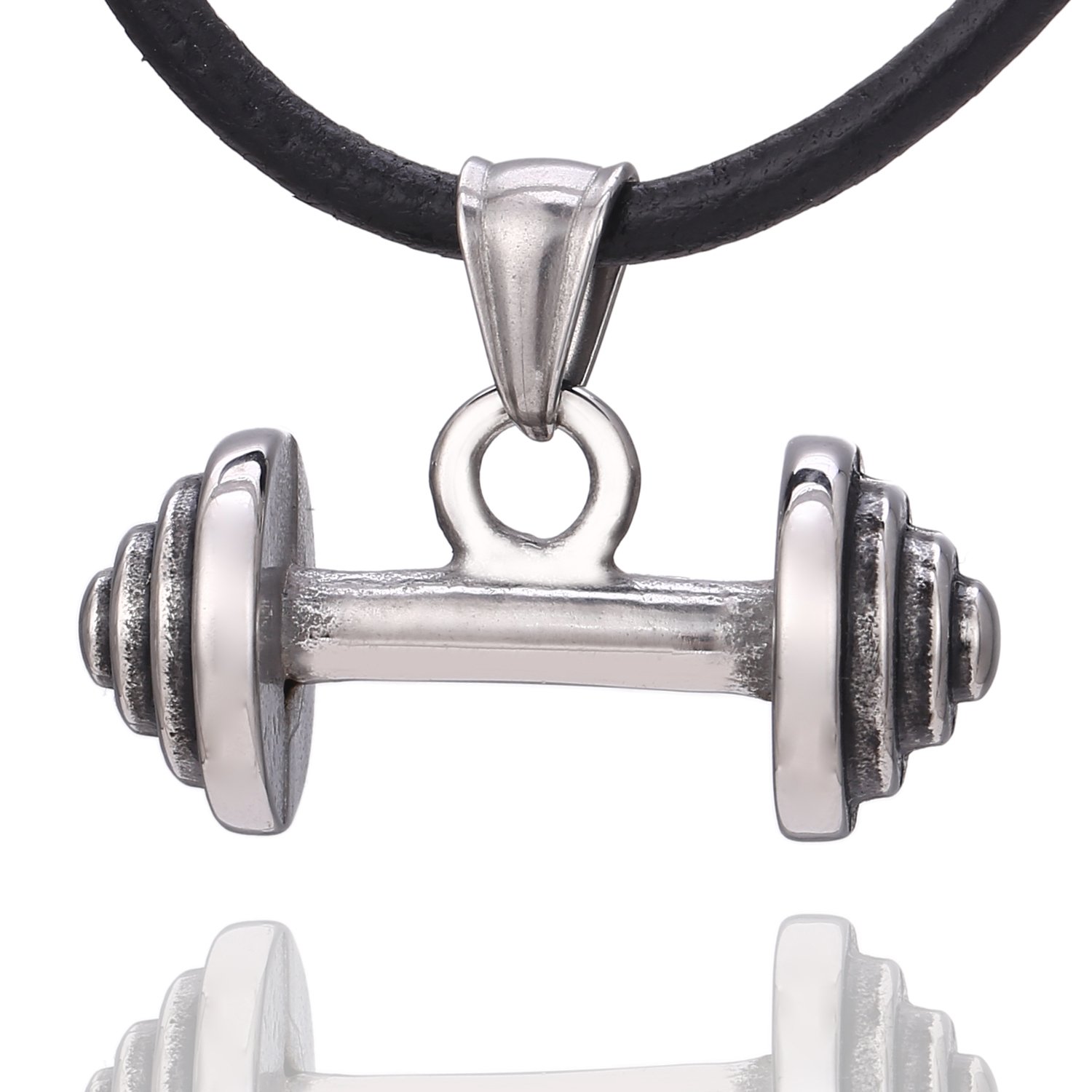 DonDon Men´s Necklace Leather 50 cm 19,7" with Dumbbell Pendant Stainless Steel Silver in a Velvet Pouch