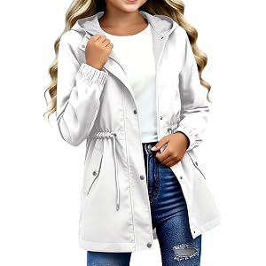 Malibure Girls Waterproof Windbreaker Jacket Teen Zipper Button Closure Rain Jacket Hooded Mid Long Length Raincoat