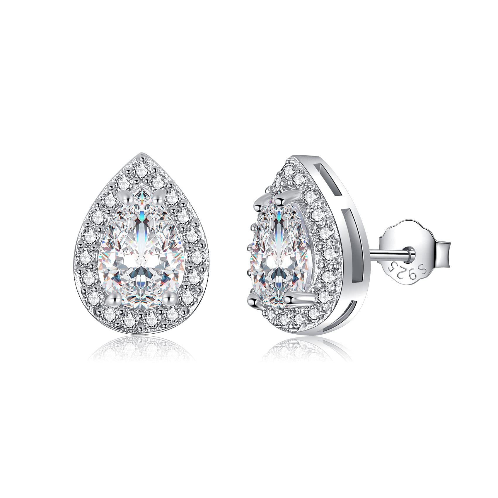 CERSLIMO Silver Stud Earrings for Women Girls, Round Faux Diamond Halo Earrings | Rectangle Teardrop Cubic Zirconia Stud Earrings - Dainty Bridal Earrings Jewelry for Brides Bridesmaids Wedding