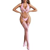 Womens Sexy Lingerie with Garter Belt Stockings Fishnet Lace Teddy Bodysuit | Women Lingerie Fishnet Bodysuit Mesh Body Stockings One Piece Glow Party Rave Outfits