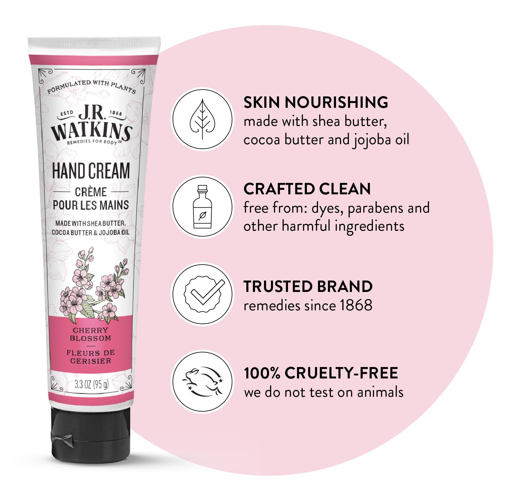 J.R. Watkins Natural Moisturizing Hand Cream, Hydrating Hand Moisturizer with Shea Butter, Cocoa Butter, and Avocado Oil, Cruelty Free, 3.3oz, Cherry Blossom, 3 Pack
