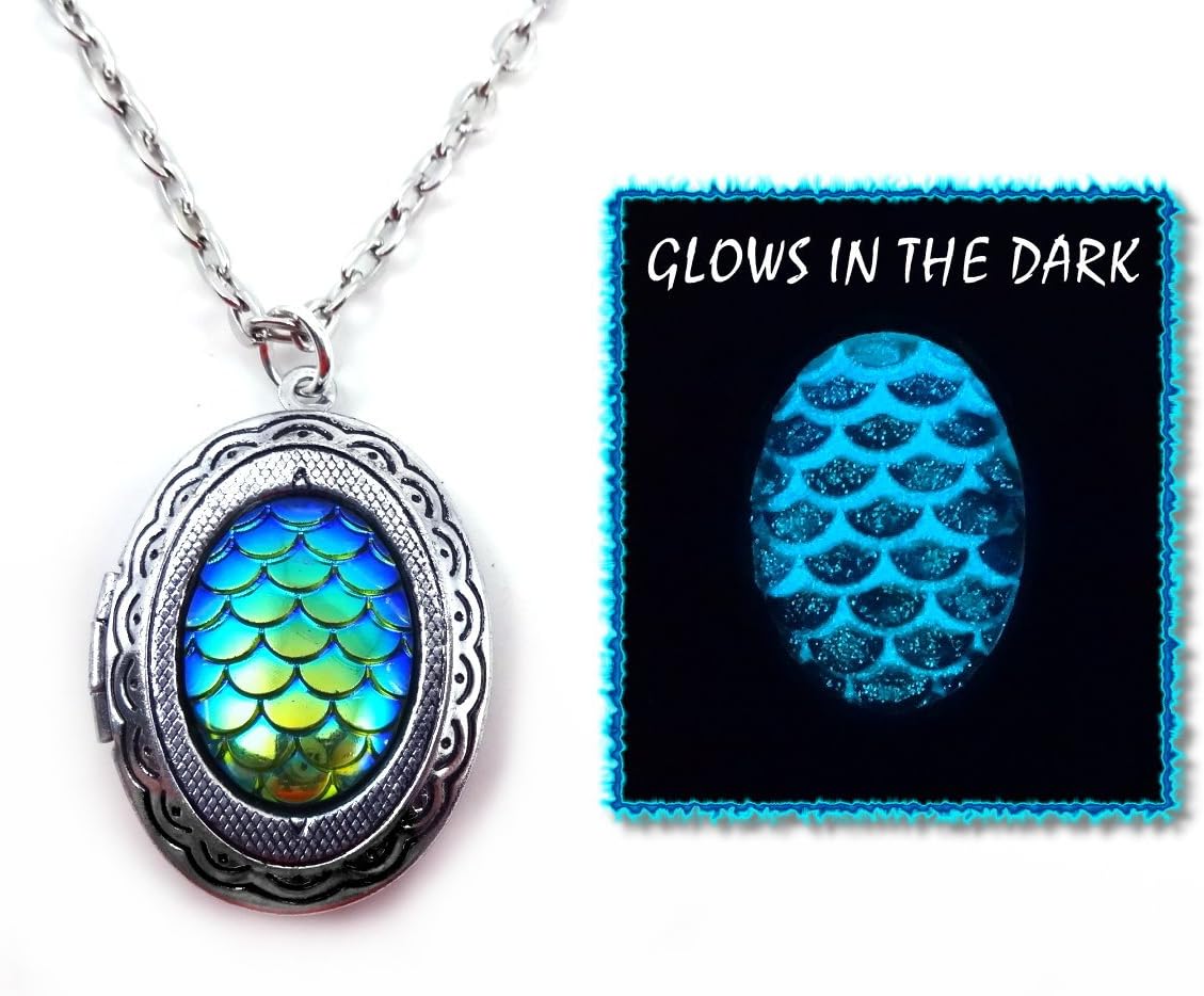 Little Gem Girl Small Silver Glow in The Dark Dragon Egg Locket Necklace Glowing Scale Pendant 18in with UV Flashlight