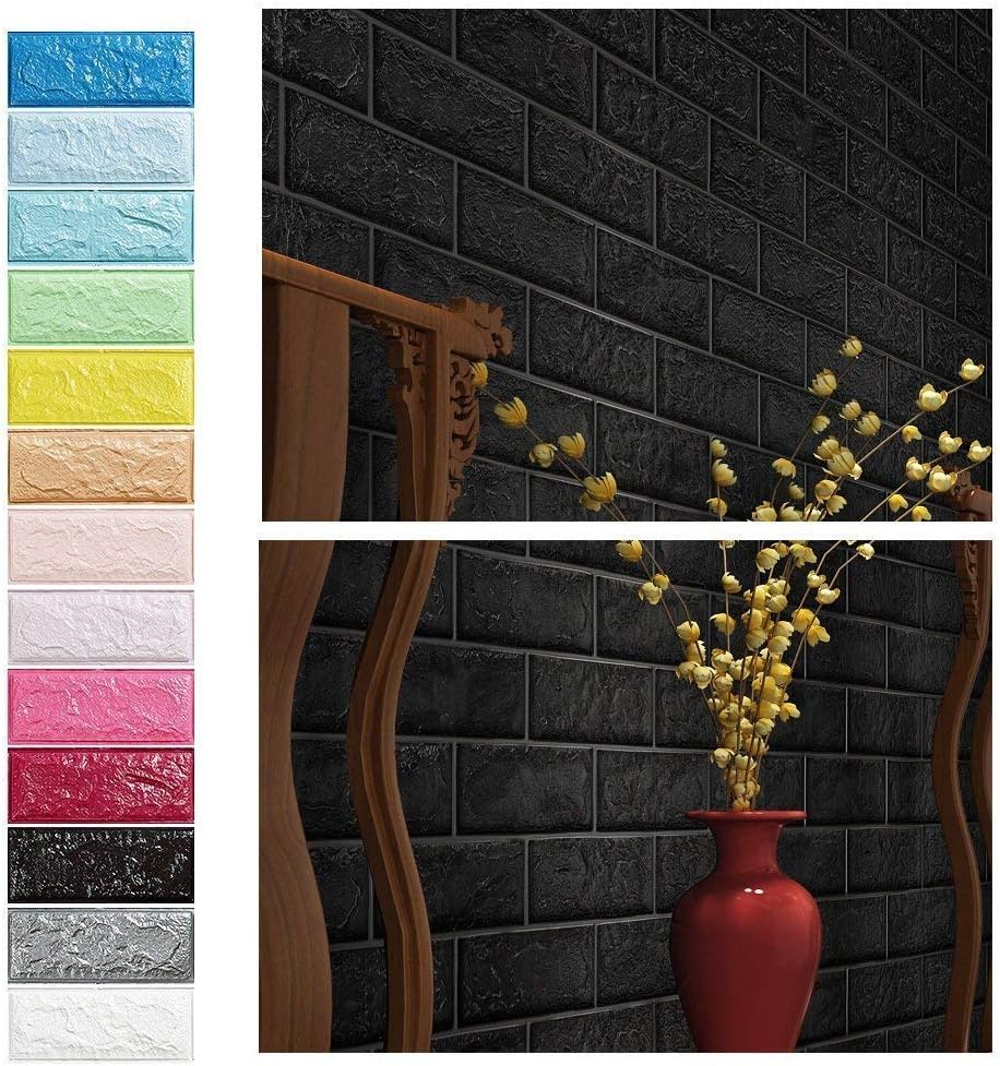 5pcs KINLO 77 x 70 cm 3D Brick Wallpaper Brick Pattern Wall Stickers PE Foam DIY Wall Sticker Self-Adhesive Wall Panels Waterproof Art Wall Tiles for Bedroom Living Room Background TV Decor (Black)