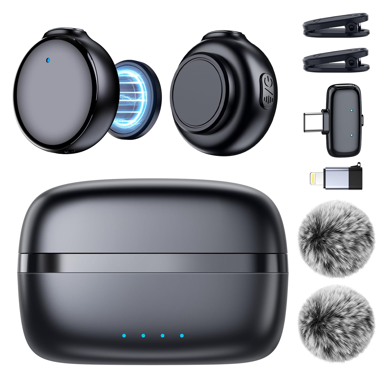 Vktmuhd Wireless Lavalier Mic for iPhone Android,3 Noise Modes,Mini Mics | 30H Charging Case,130ft, Clip on & Magnetic, Lapel