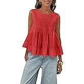 Megfie Womens Summer Pleated Peplum Sleeveless Blouse Tank Tops Round Neck Y2K Babydoll Blouse Shirt