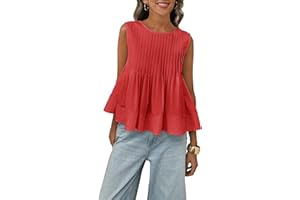 Megfie Womens Summer Pleated Peplum Sleeveless Blouse Tank Tops Round Neck Y2K Babydoll Blouse Shirt