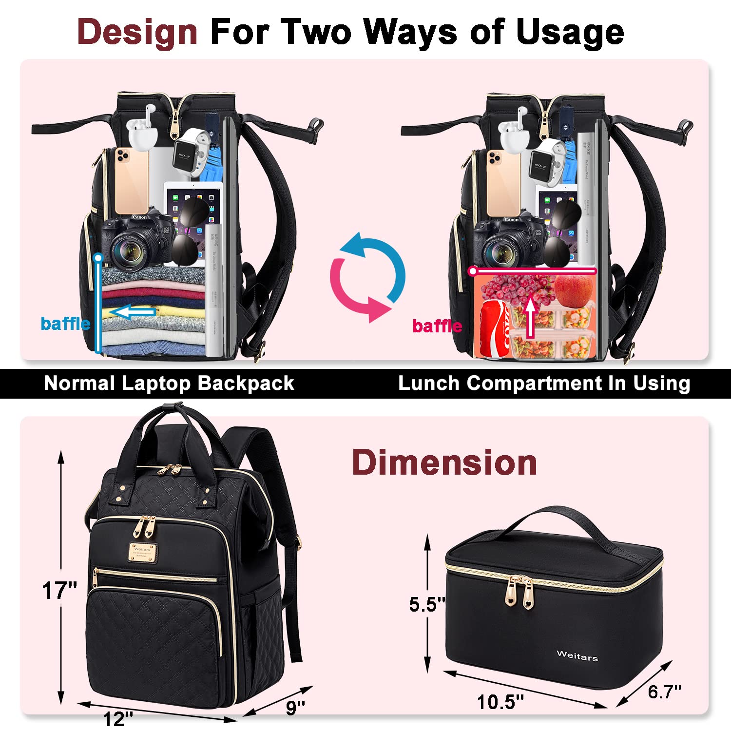 Weitars Lunch Backpack For Women,15.6 Inch Laptop Backpacks For Womens Back pack, Travel Backpacks,Work Backpack For Women (Black)