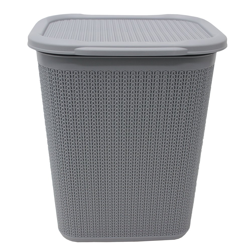 JVL Knit Design Loop Plastic Rectangular Lidded Washing Laundry Basket - 50 Litres, Grey