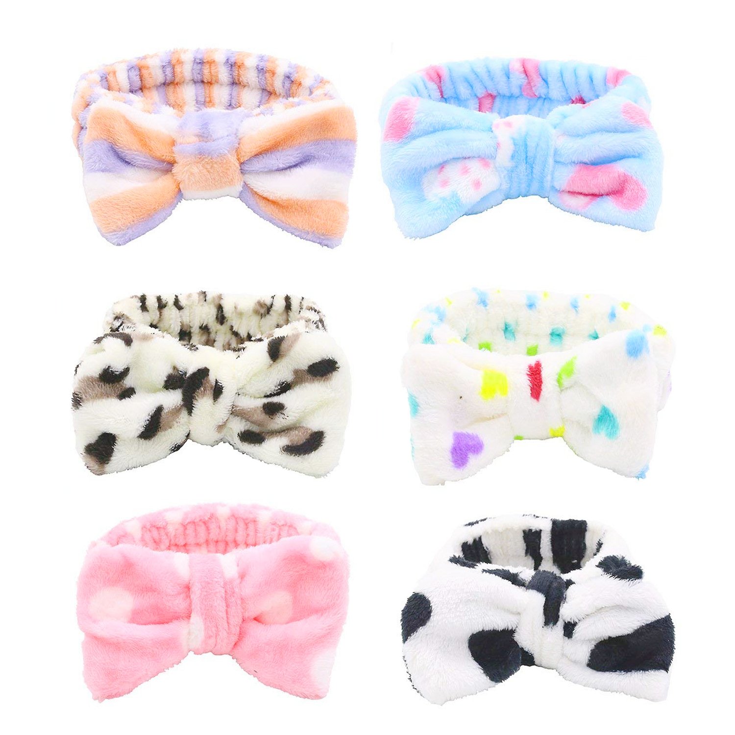 Bow Hair Band, Soft Carol Fleece Hairlace Headband Bowknot Bow Makeup Shower Headbands for Washing Face Shower Spa Mask, Multiple Styles, 6 PCS