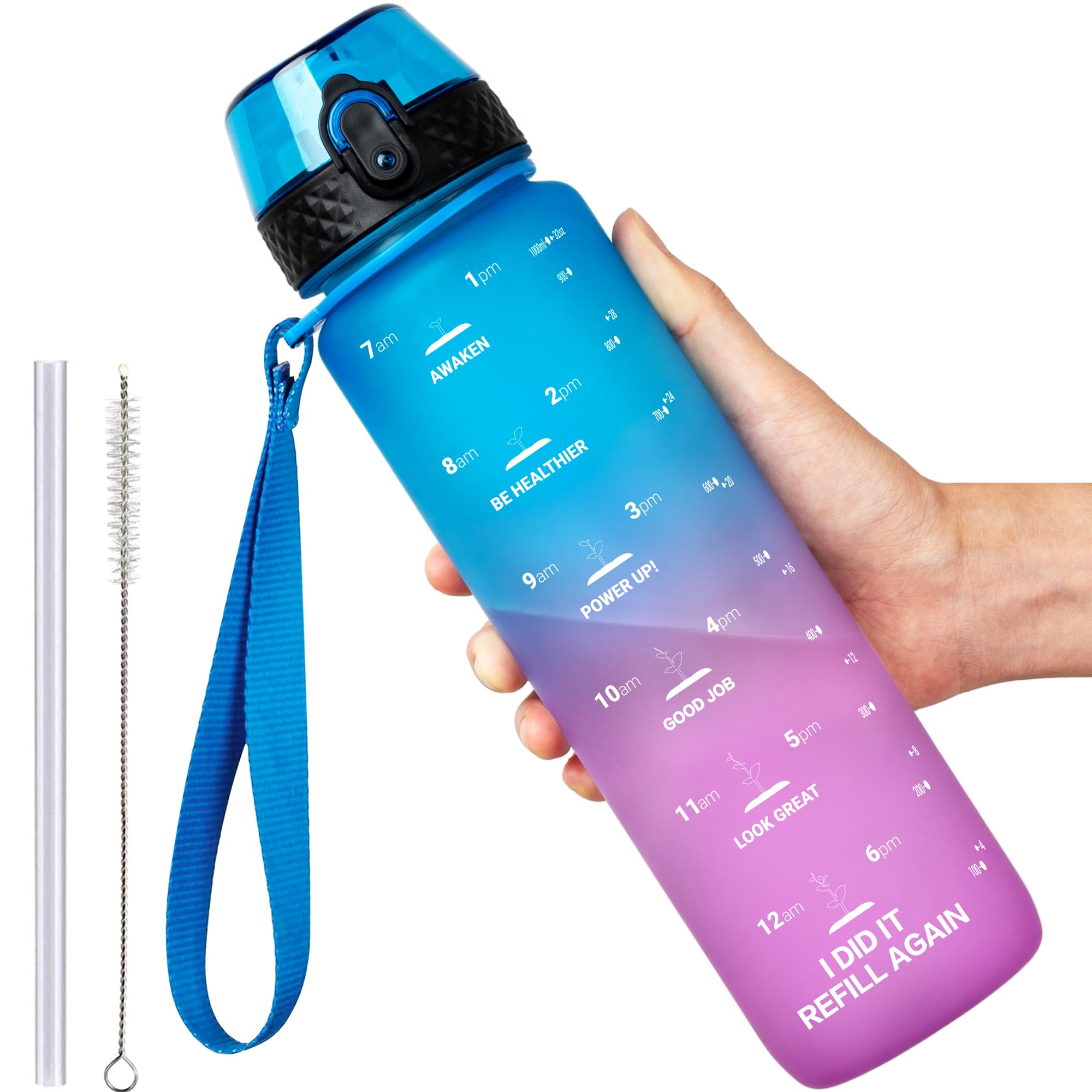 GOPPUS 1L/32oz Tritan Water Bottle with Straw-Soft Matte Finish Leakproof Drink Bottle with Measurements Bottles with Flip Top Motivational Bottles with Time Marks for Adults BPA Free (Blue Purple)