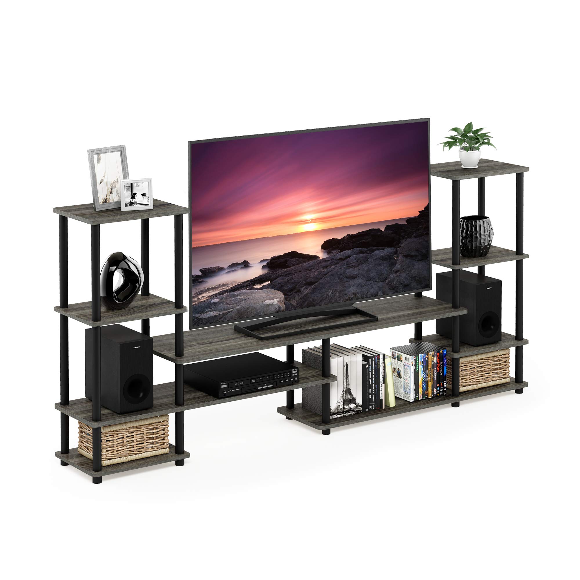 Furinno TURN-N-TUBE TV Stand, Grand Entertainment Center with Open Shelves Storage, TV Console for TV up to 48 Inch, for Living Room, Bedroom, French Oak