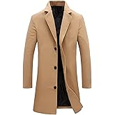 Tanming Mens Black Trench Coat Notched Lapel Single Breasted Long Peacoat Overcoat