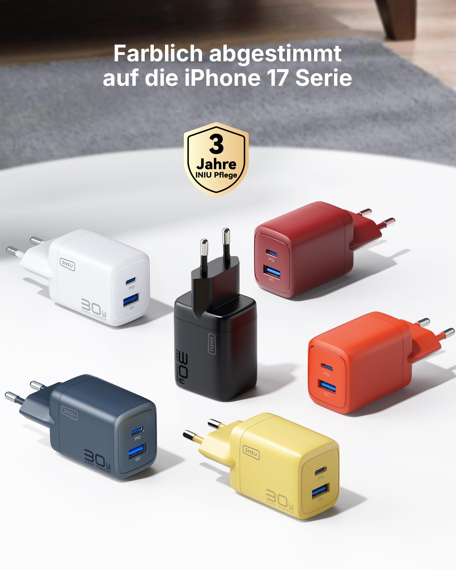 INIU 30W USB C Ladegerät, Dual-Port GaN Schnellladegerät mit 1,5m 60W Kabel 7