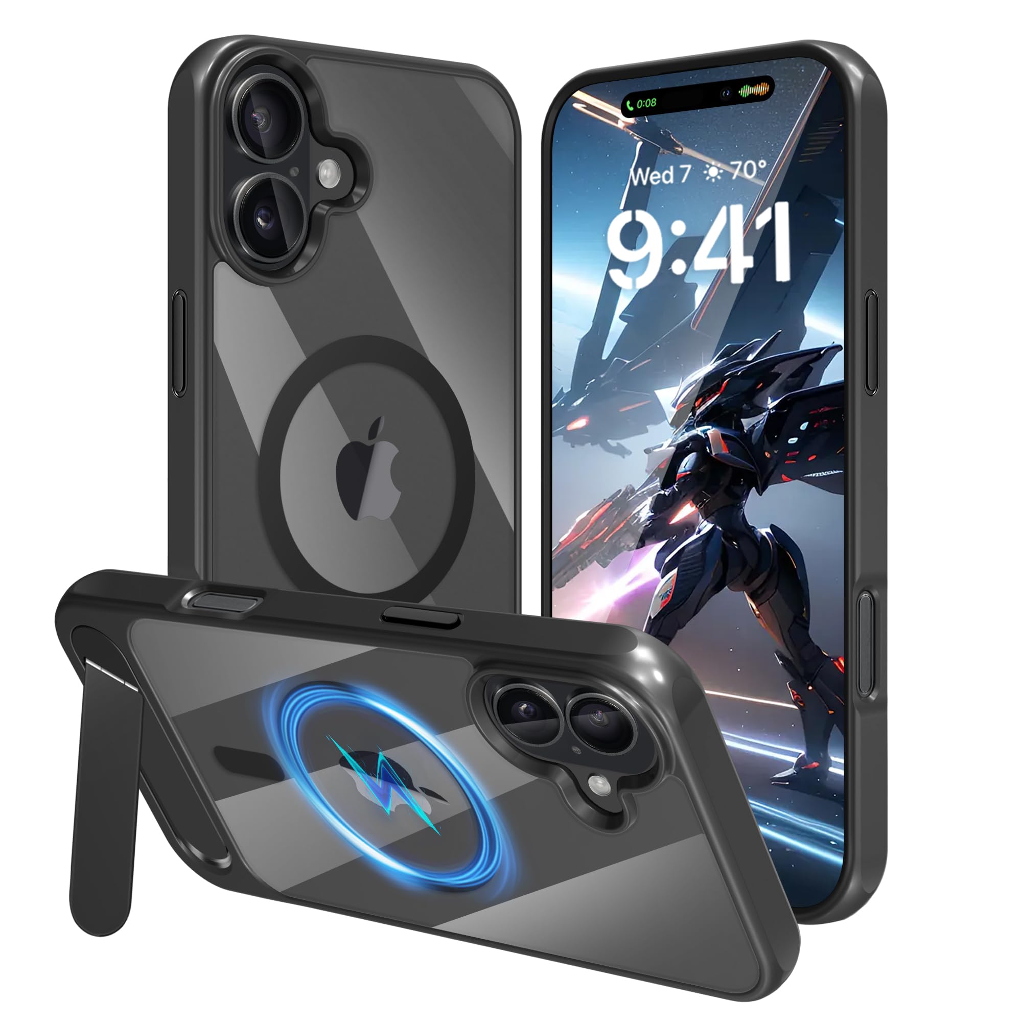 Fingic Matte Case for iPhone 16 Plus, Compatible with MagSafe with 3 Modes Kickstand Non-Slip Military Grade Drop Protection Frosted Translucent Back Shockproof Slim Cover iPhone 16 Plus Phone Case