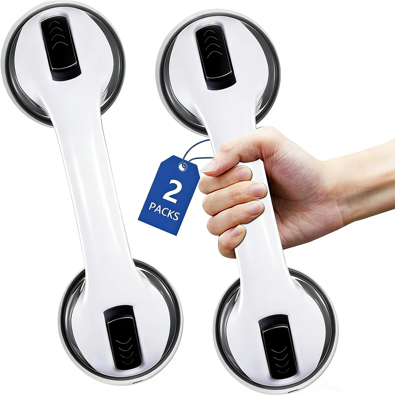 2 Pack Suction Grab Rails for Bathroom, 12 Inch Safety Shower Grab Bars with 4-Inch Strong Suction Cups,Portable Bath Handle Mobility Aids for Elderly Seniors Disabled, Tool-Free Installation, Black