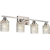 MELUCEE 4 Lights Brushed Nickel Vanity Light Modern Bathroom Light Fixtures with Hammered Glass Shade, Indoor Metal Wall Ligh