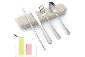 Boulder Bee | Travel Utensils Set | Reusable Camping Cutlery Set | Stainless Steel Flatware Set | Portable Silverware Set with Case | Includes Knife/Fork/Spoon/Straw/Cleaning Cloth/Case (Silver)