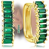 Gold U Shaped Hoop Earrings for Women - Sterling Silver Hypoallergenic Green Cubic Zirconia U Hoop Earrings Classic Earring Gift for Her Mom Wife Birthday Valentine's Day