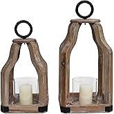 SWALLOWLIVING Rustic Farmhouse Wood Candle Hurricane Lantern with Glass Candlestick Holder for Patio, Table Centerpiece, Whit