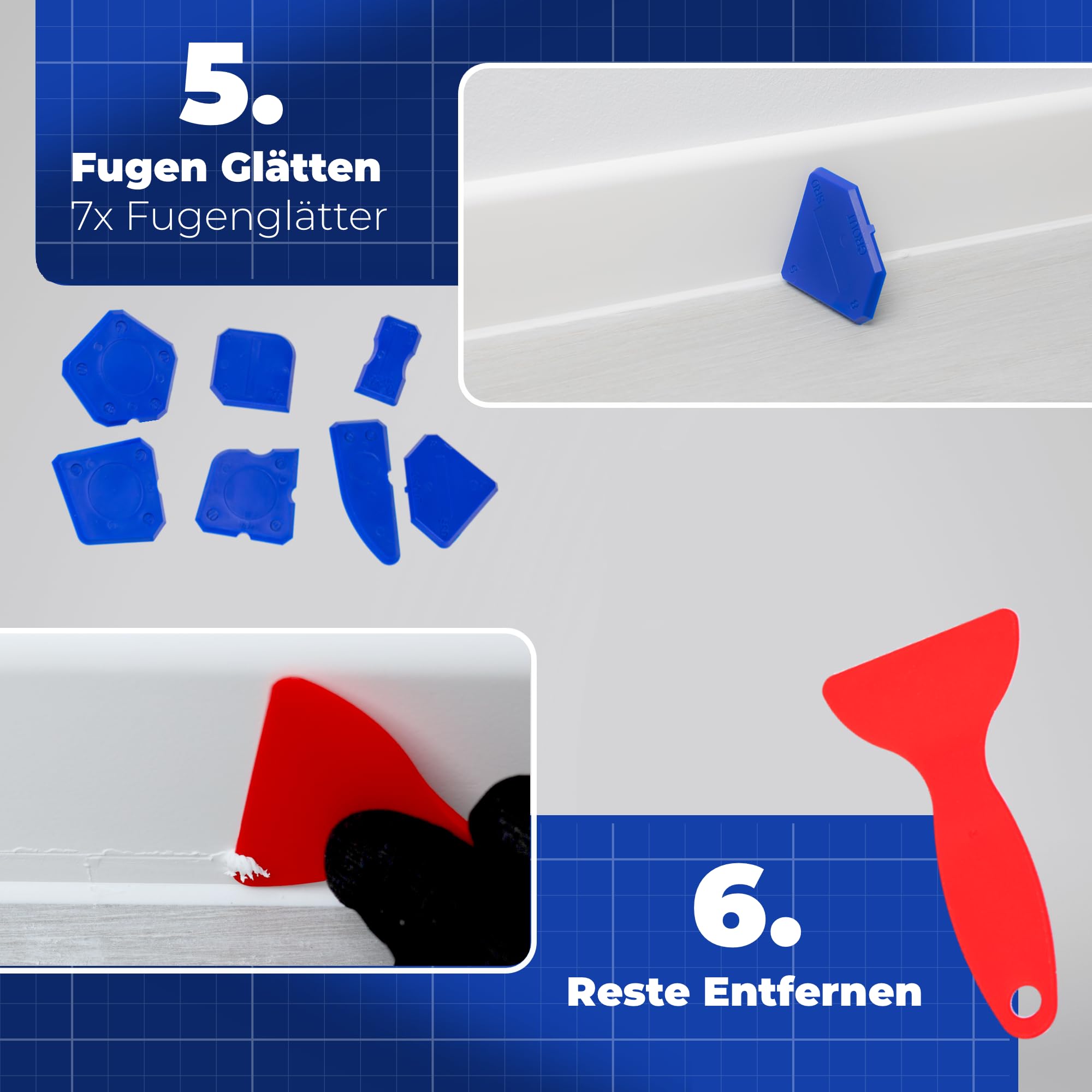 Lascano® Silikonentferner Set 27-teilig, Werkzeug zur Entfernung von Silikonfugen – Inkl. Spezialschaber, Fugenmesser, Fugenglätter, Ersatzklingen & Zubehör 6
