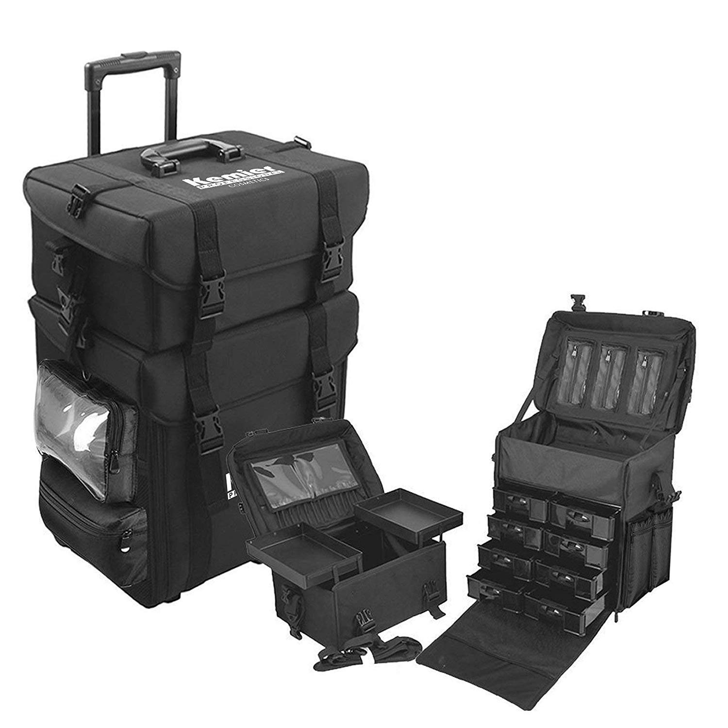 Kemier Professional Makeup Case Omni-Directional Wheels 2 in 1 Soft Sided Removable Cosmetic Case Travel Makeup Case Artist Makeup Train Case Cosmetic Organizer W/Storage Drawers