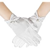 LXUEJIE White Short Gloves for Women, Bridal Short Gloves, White Satin Opera Glove Women's Pearl Wedding Glove 1920s for Wedding Opera Dinner Party Tea Party