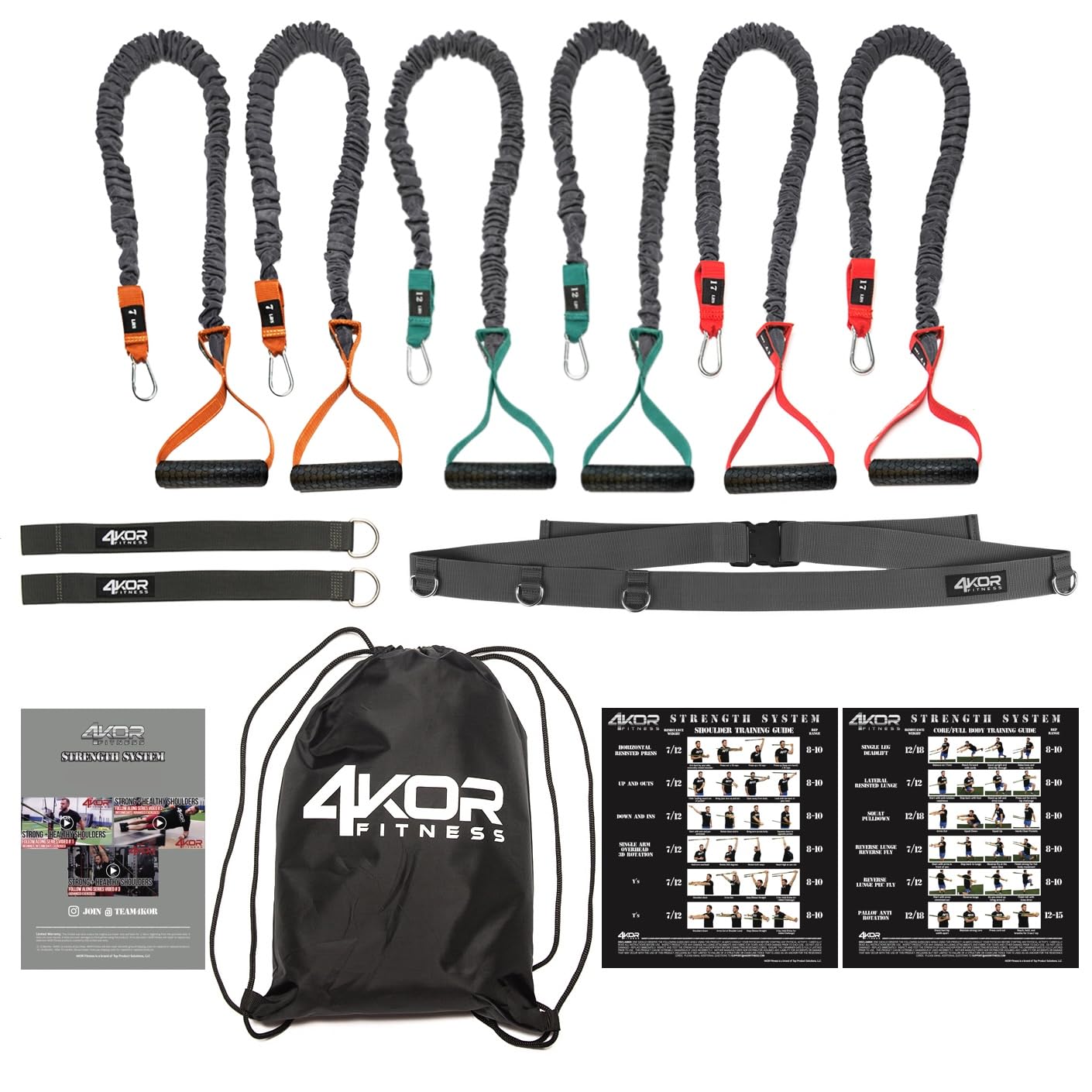 Resistance Cord Set by 4KOR Fitness, Strength and Performance System Perfect for Dynamic Warmups, CrossFit, or Rehab (3 levels of resistance)