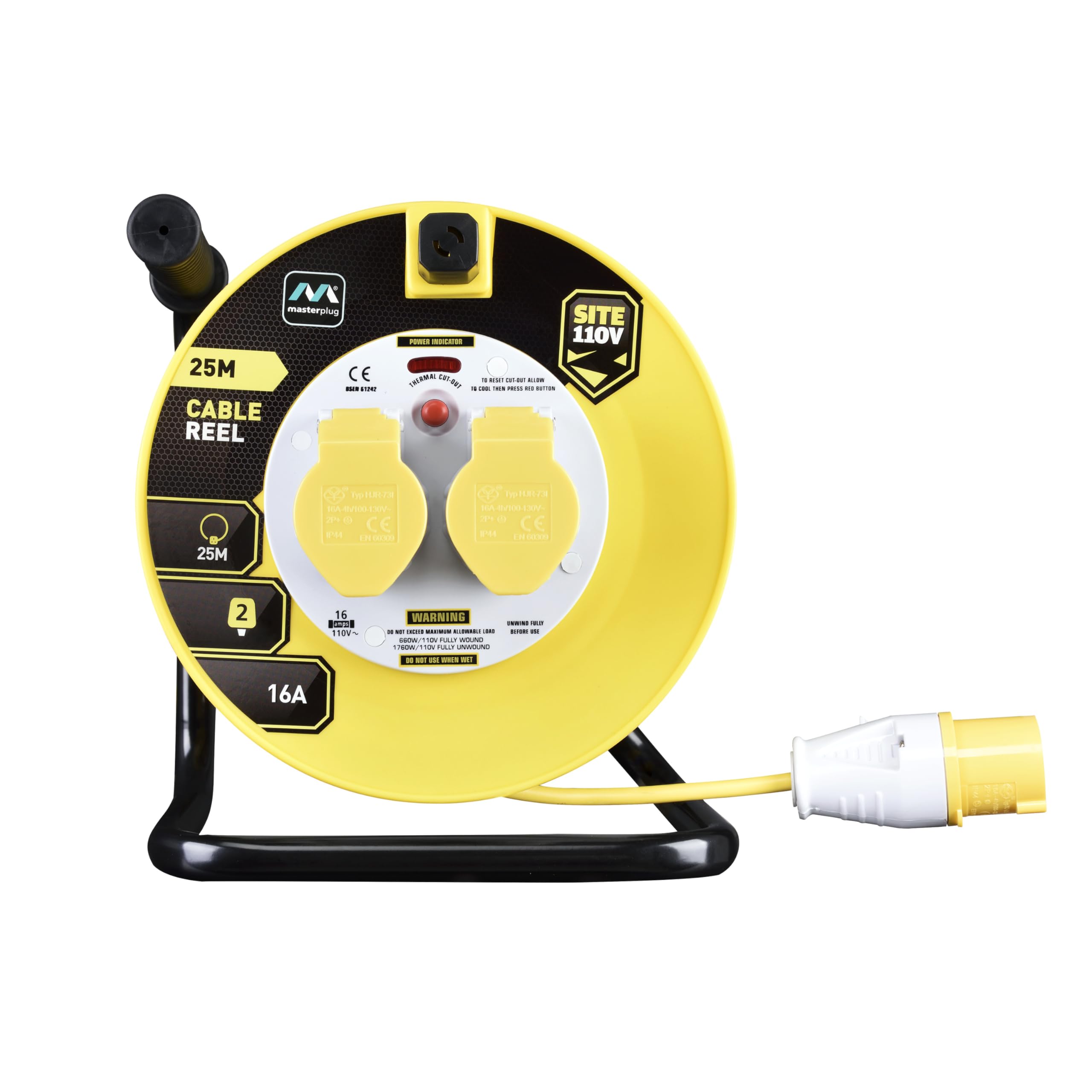 Masterplug 110 Volts Site Power Two Socket Cable Reel, 25 Metre