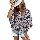 SOLY HUX Women's Boho Print V Neck 3/4 Bell Sleeve Button Front Summer Blouse Top