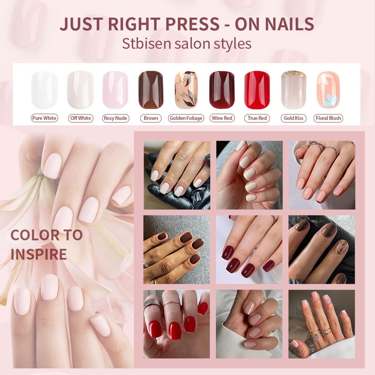 Stbisen Press on Nails Short Square, Rosy Nude Fake Nails Kit, Fashion Glossy Acrylic Press on Nails, Natural Stick on Nails, Thick Reusable Glue on Nails Short Press On Nails for Women, 24Pcs - Image 6