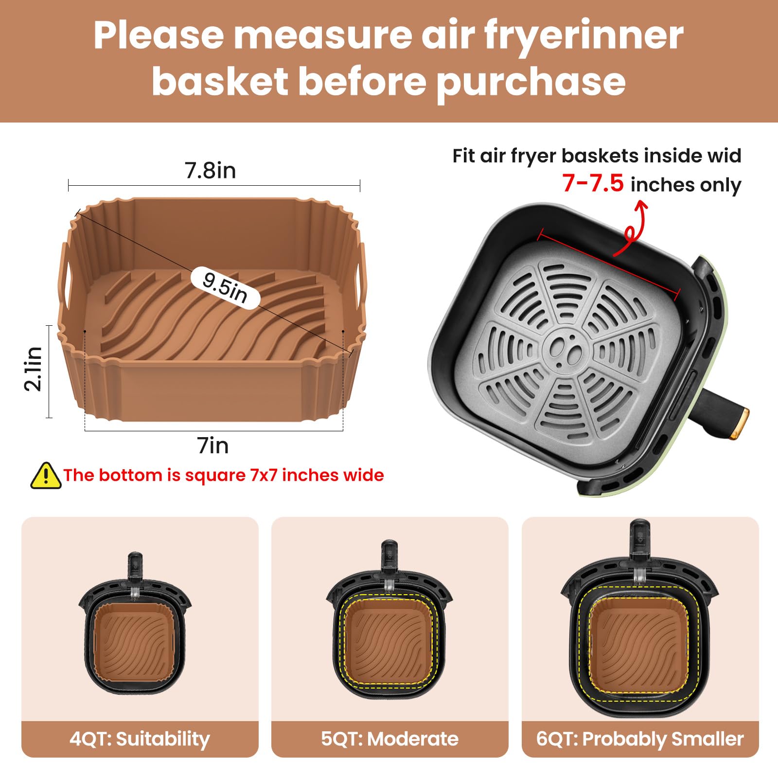 Redfly 2 Pack Silicone Air Fryer Liners, Square Reusable Non-Stick Basket Inserts for 4-5 QT Air Fryers, Dishwasher Safe Parchment Paper Replacement Accessories Brown & Gray