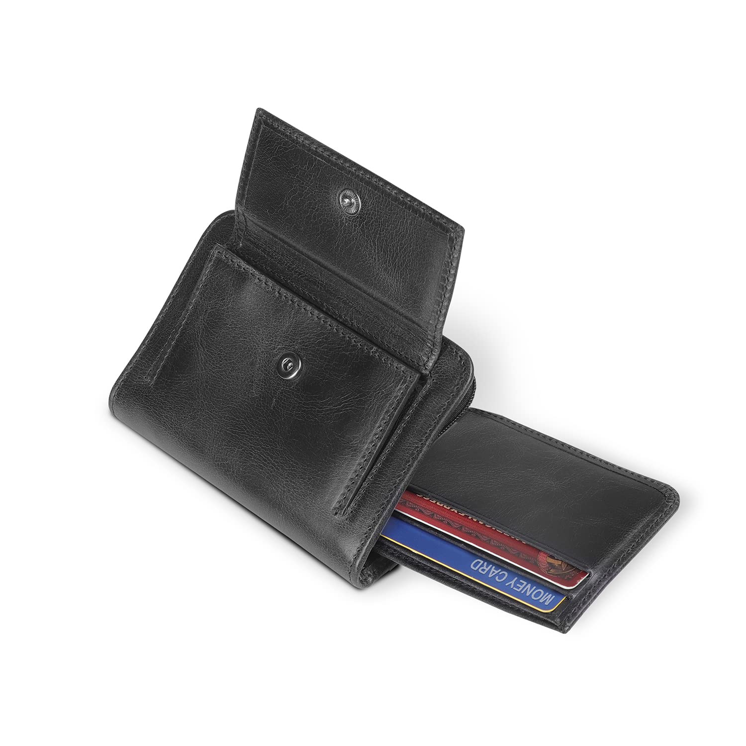 Otto Angelino RFID Blocking Men’s Zippered Bifold Wallet - Italian Cowhide Leather - Slim Travel Comfort - Credit Card Holder w/Transparent ID Slot - Snap Back Coin Holder