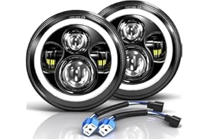 MGLLIGHT 7 Inch LED Headlights Round Halo Angel Eyes DRL Amber Turn Signal Lights H6024 LED Headlights Replace High/Low Sealed Beam Fits Wrangler JK TJ LJ CJ with H4 H13 Adapter, 2PCS