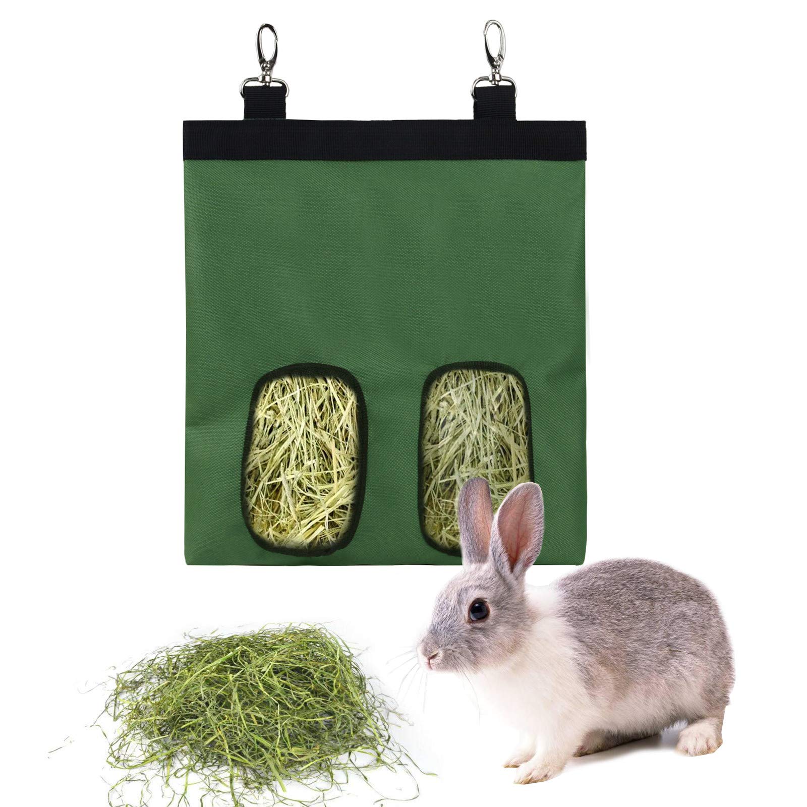 Rabbit Hay Feeder Bag Guinea Pigs Hanging Hay Rack Manger Holder Dispenser Small Animal Feeder Storage Pouch for Bunny Chinchilla Hamster (2 Windows, Green)