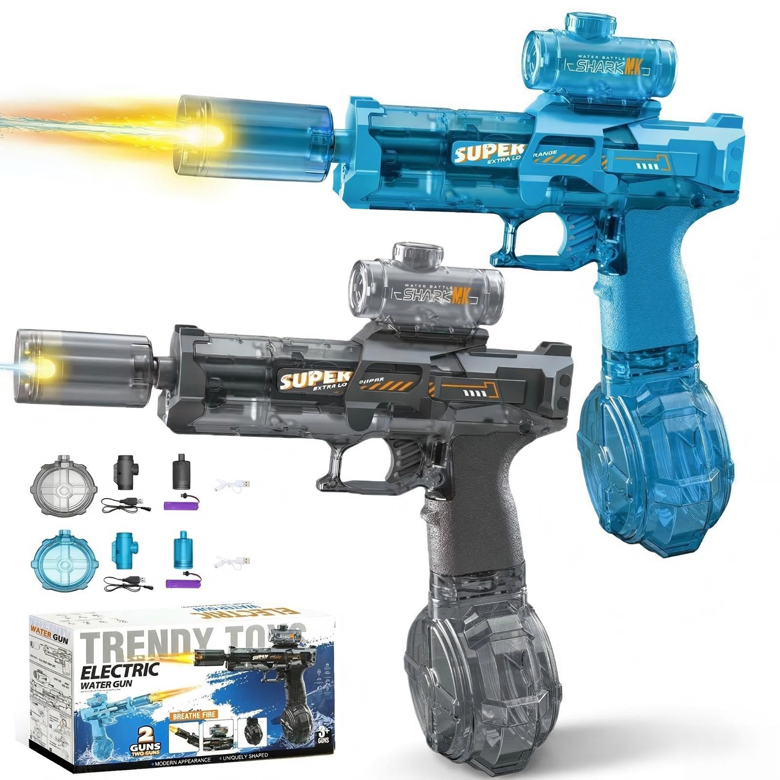 2PCS Electric Water Gun,Automatic Water Gun Pistols for Kids Adults,Long Range Motorized Water Guns with Multifunctional Lighting Effects,Water Pistols for Kids Outdoor Beach Pool Party(Black&Blue)